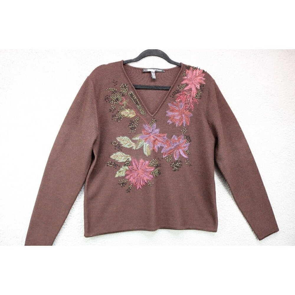 Company Ellen Tracy Long Sleeve V-Neck Embroidered Sweater-100% Wool-Size XL